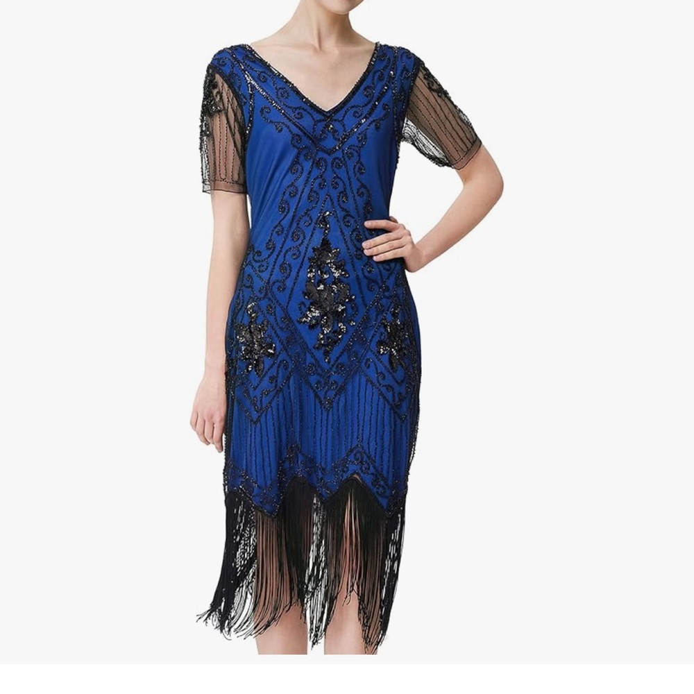 Embellished Roaring 20s Blue and Black V-Neck Sheath Flapper Dress